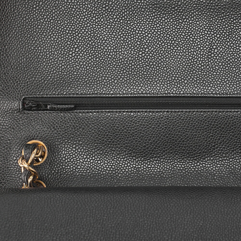 CHANEL Chain Shoulder Bag Deca Matelassé Double Flap 30cm Caviar Skin Black Gold-Tone Hardware, Pre-Owned