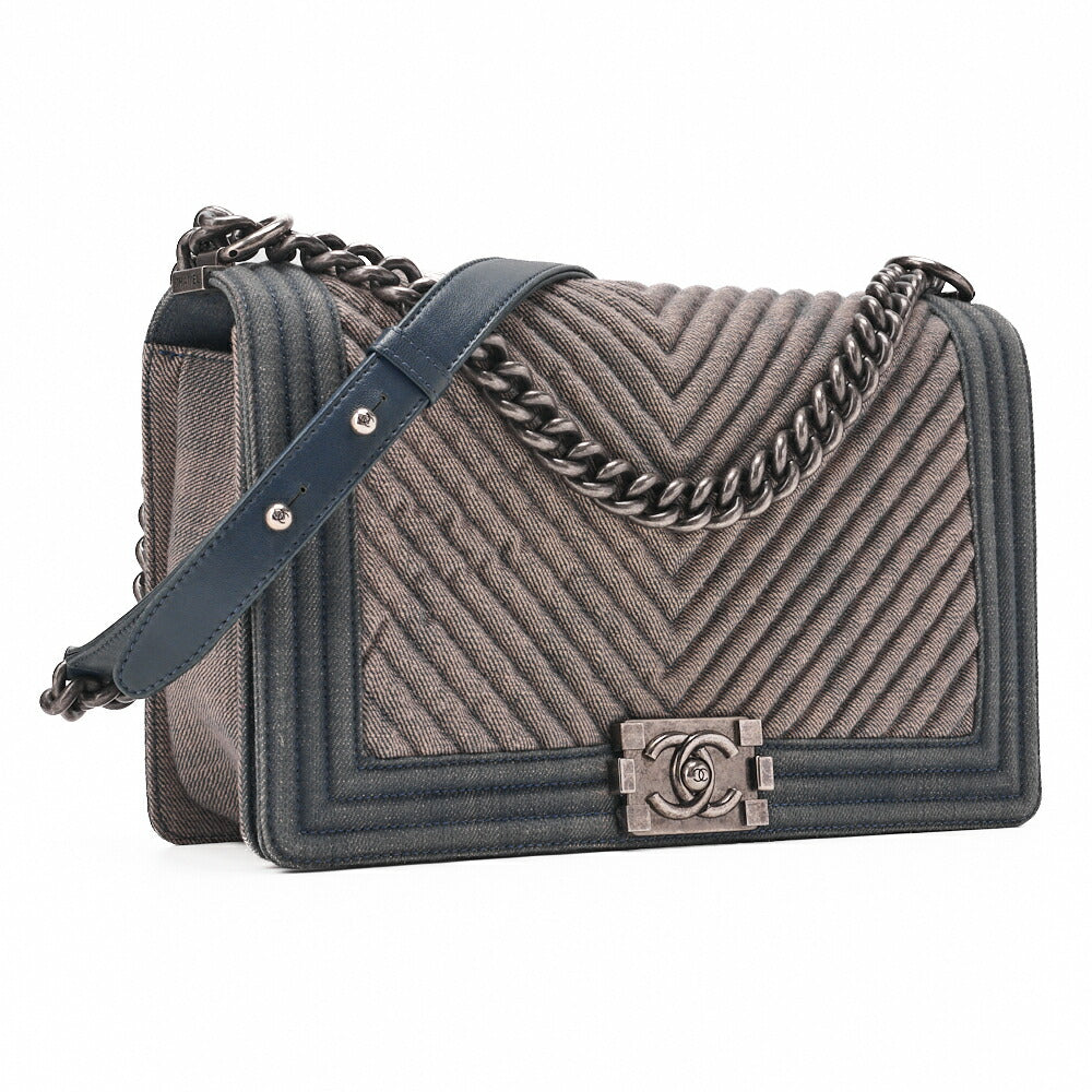 CHANEL Boy Chanel V Stitch Chain Shoulder Denim Large Size Blue Silver-Tone Hardware, Pre-Owned