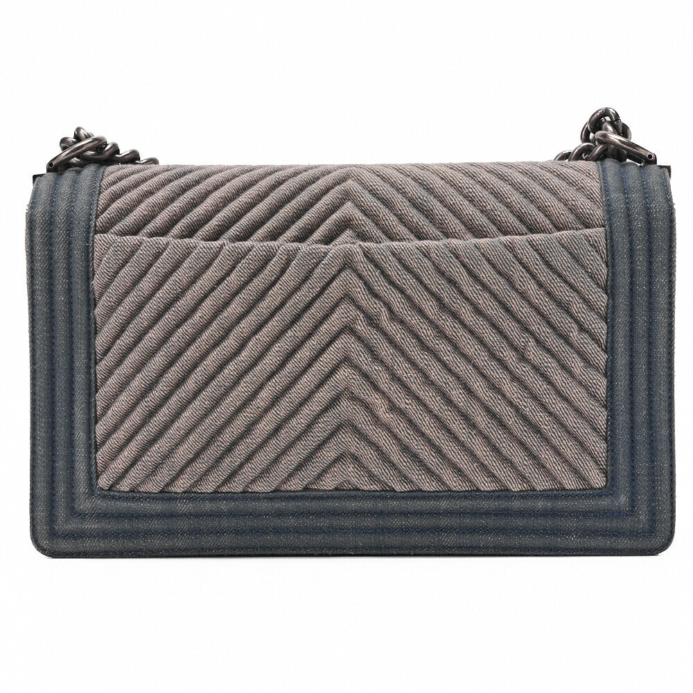 CHANEL Boy Chanel V Stitch Chain Shoulder Denim Large Size Blue Silver-Tone Hardware, Pre-Owned