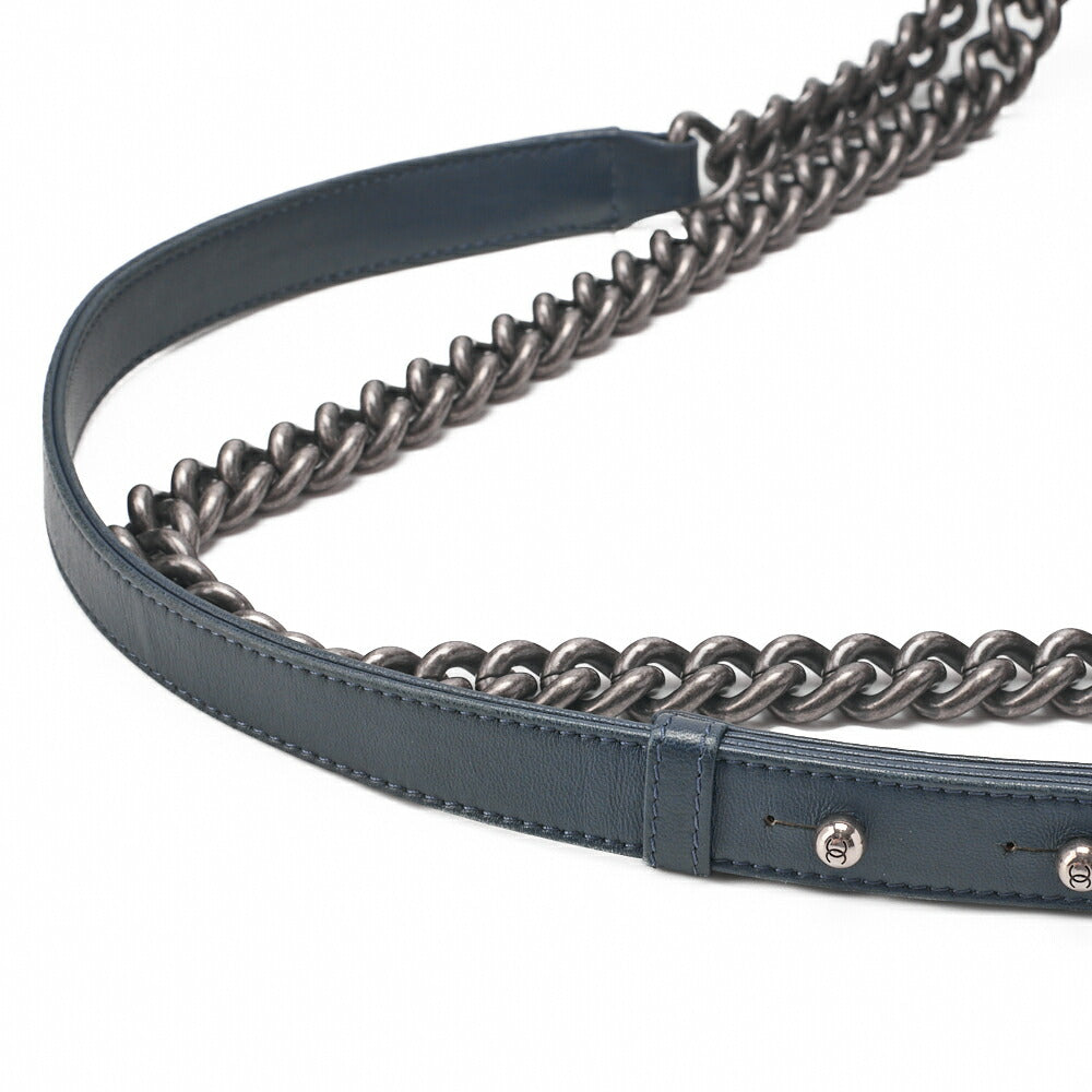 CHANEL Boy Chanel V Stitch Chain Shoulder Denim Large Size Blue Silver-Tone Hardware, Pre-Owned