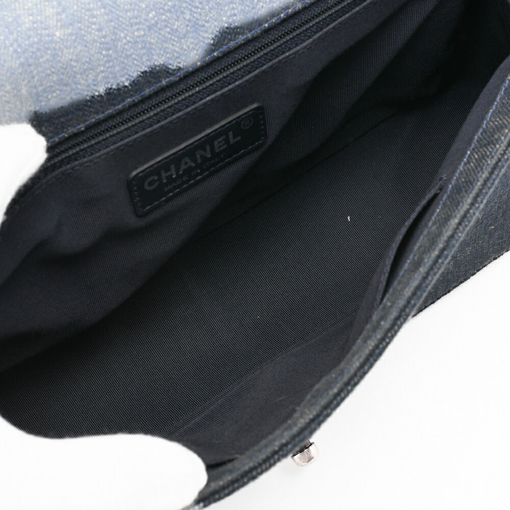 CHANEL Boy Chanel V Stitch Chain Shoulder Denim Large Size Blue Silver-Tone Hardware, Pre-Owned