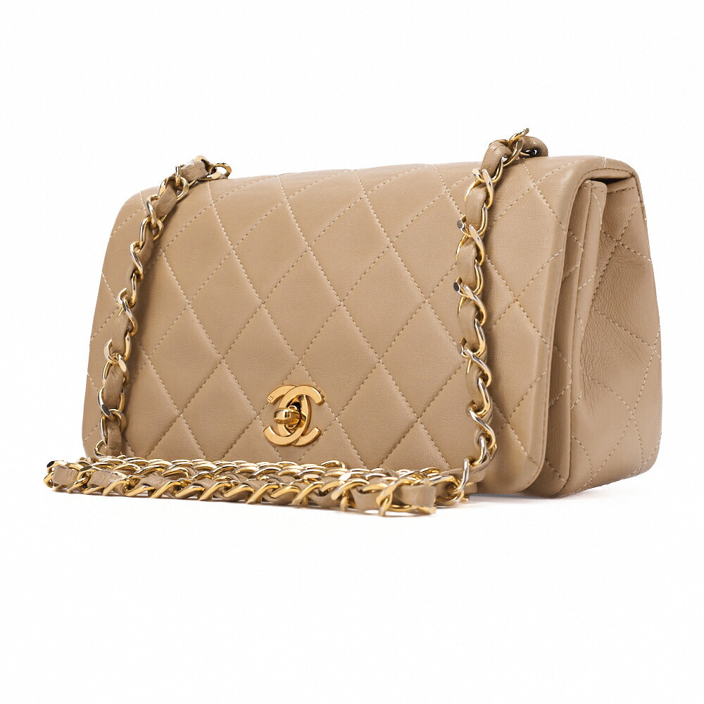 CHANEL Chain Shoulder Bag Mini Matelassé 18cm Lambskin Beige Full Flap Turnlock Gold-Tone Hardware, Pre-Owned
