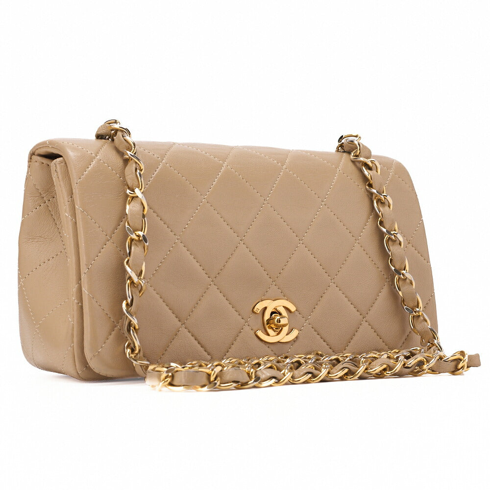CHANEL Chain Shoulder Bag Mini Matelassé 18cm Lambskin Beige Full Flap Turnlock Gold-Tone Hardware, Pre-Owned
