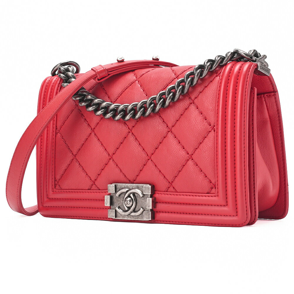 CHANEL Boy Chanel Matelassé Chain Shoulder Calfskin Red Silver-Tone Hardware, Pre-Owned