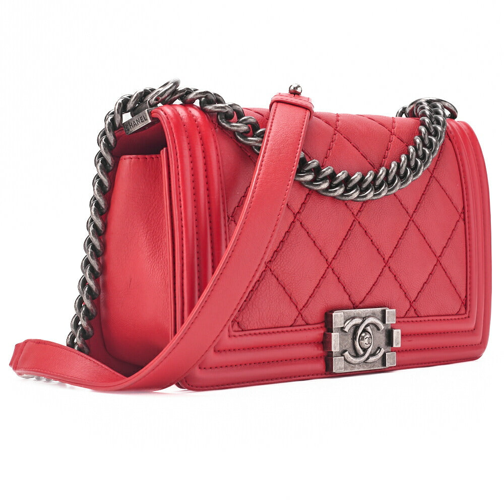 CHANEL Boy Chanel Matelassé Chain Shoulder Calfskin Red Silver-Tone Hardware, Pre-Owned