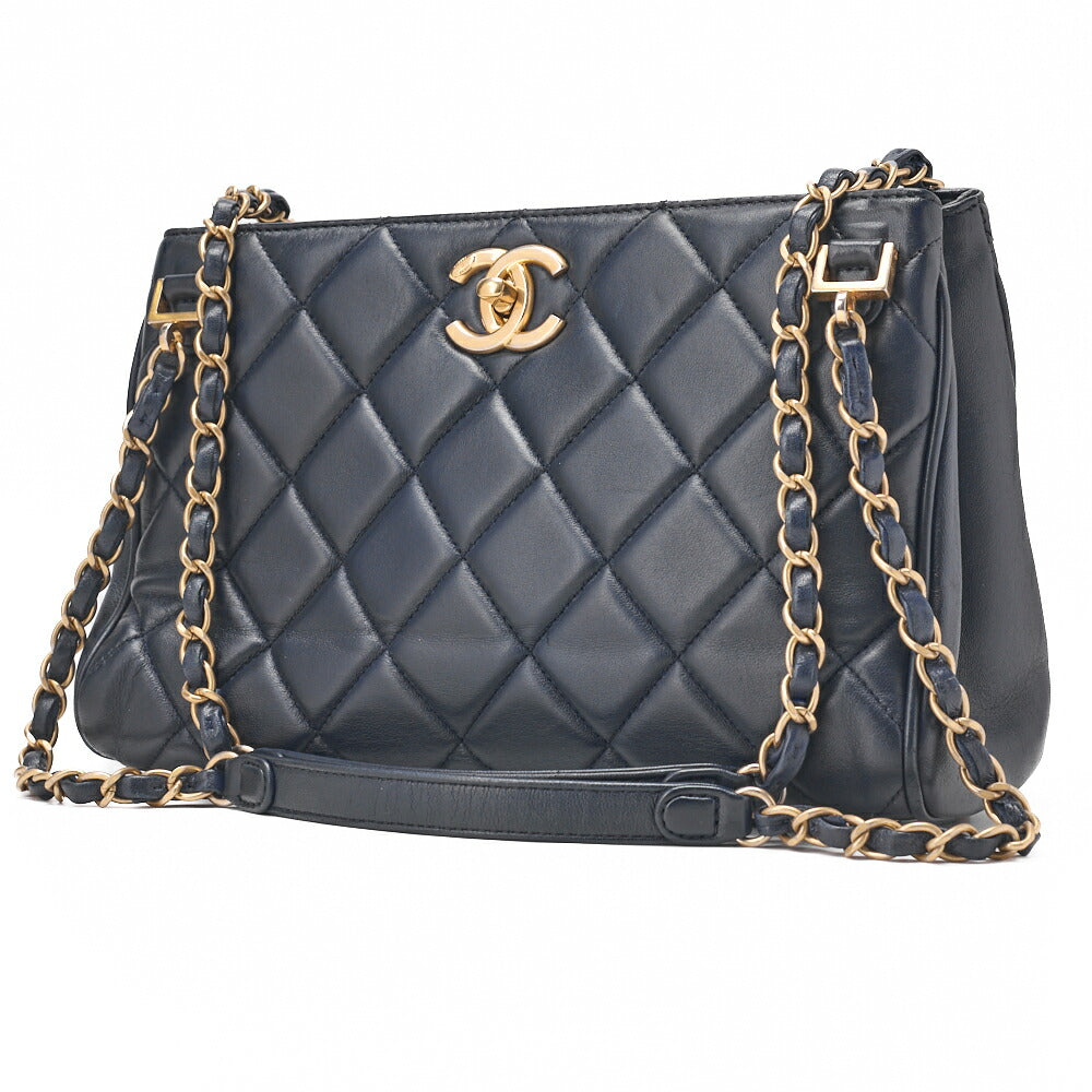 CHANEL Chain Shoulder Matelassé Bicolore Calfskin Navy Gold-Tone Hardware, Pre-Owned