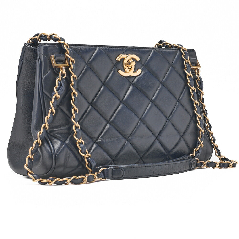 CHANEL Chain Shoulder Matelassé Bicolore Calfskin Navy Gold-Tone Hardware, Pre-Owned
