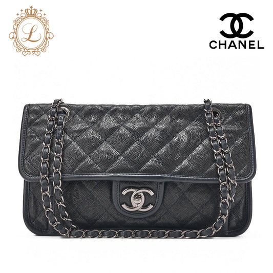CHANEL Chain Shoulder Bag Matelassé Single Flap Turnlock Caviar Skin Navy Silver-Tone Hardware, Pre-Owned