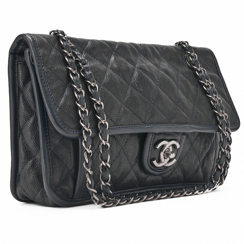 CHANEL Chain Shoulder Bag Matelassé Single Flap Turnlock Caviar Skin Navy Silver-Tone Hardware, Pre-Owned