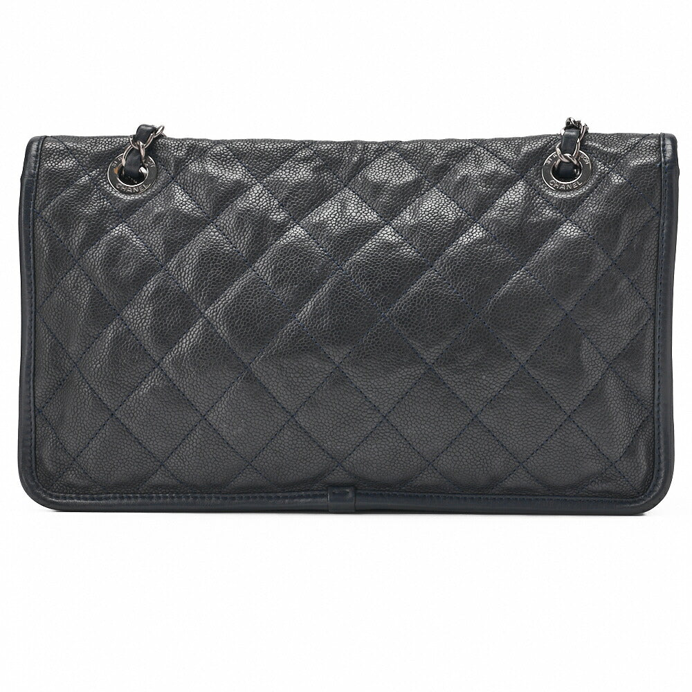CHANEL Chain Shoulder Bag Matelassé Single Flap Turnlock Caviar Skin Navy Silver-Tone Hardware, Pre-Owned