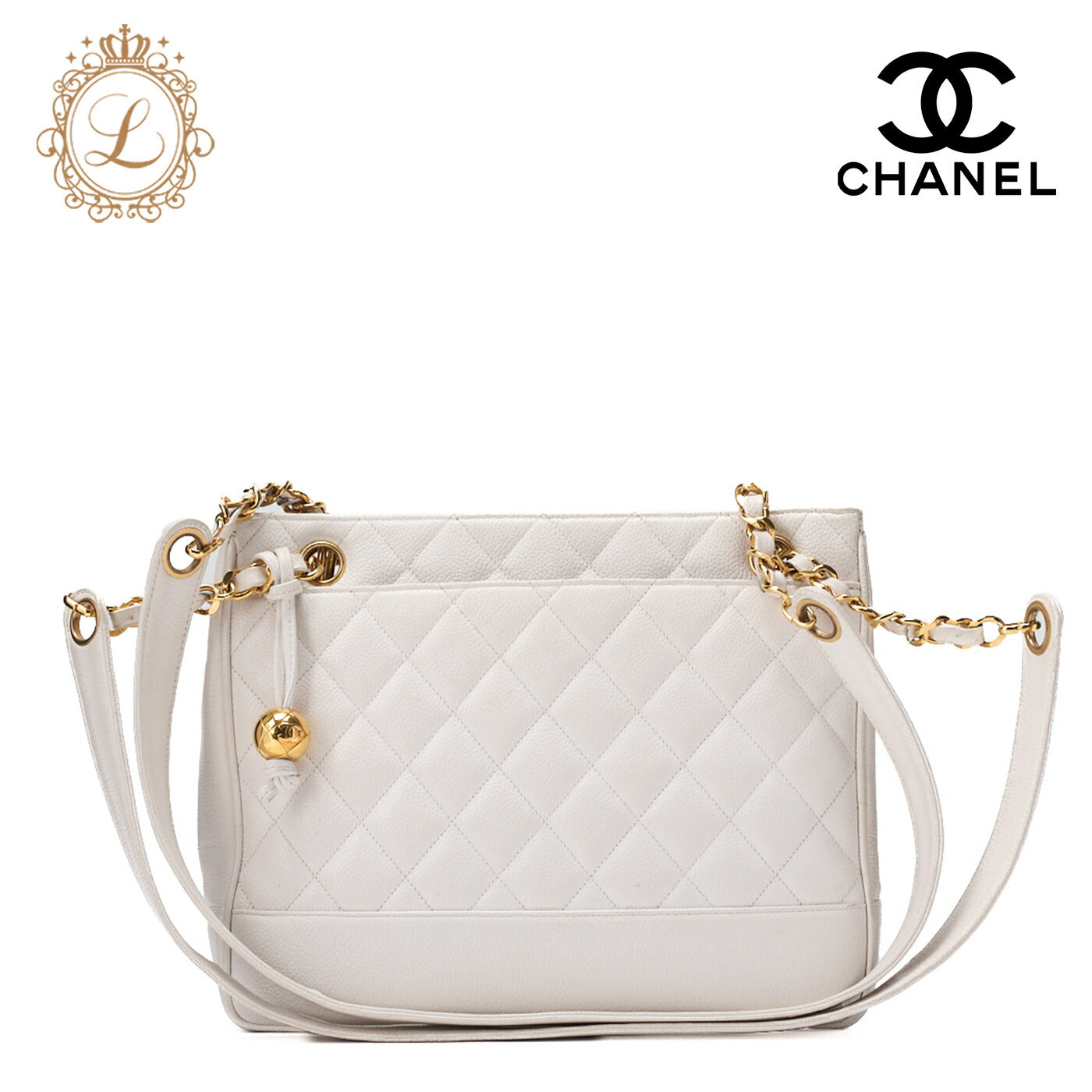 CHANEL Chain Shoulder Bag Matelassé Ball Charm Caviar Skin White Gold-Tone Hardware, Pre-Owned