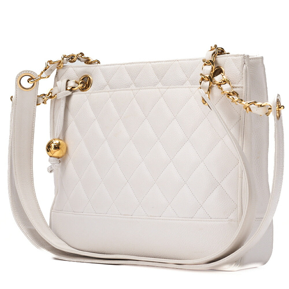 CHANEL Chain Shoulder Bag Matelassé Ball Charm Caviar Skin White Gold-Tone Hardware, Pre-Owned