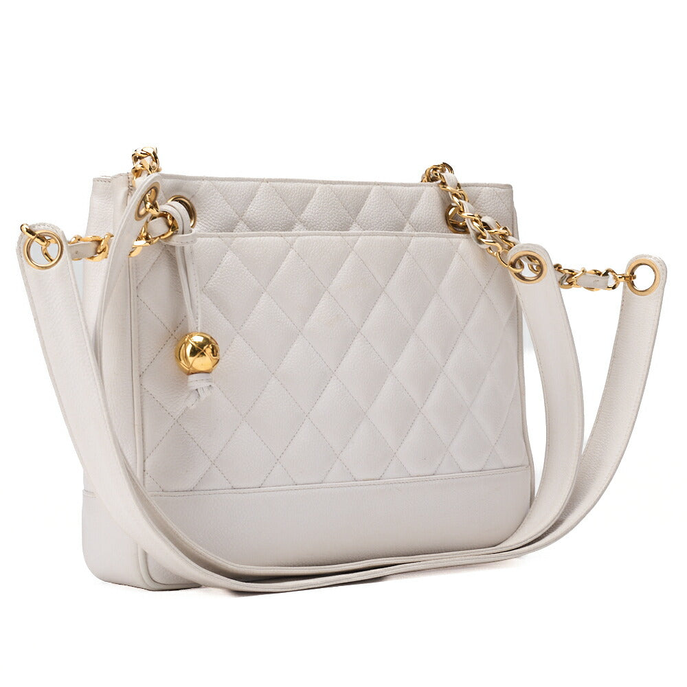 CHANEL Chain Shoulder Bag Matelassé Ball Charm Caviar Skin White Gold-Tone Hardware, Pre-Owned