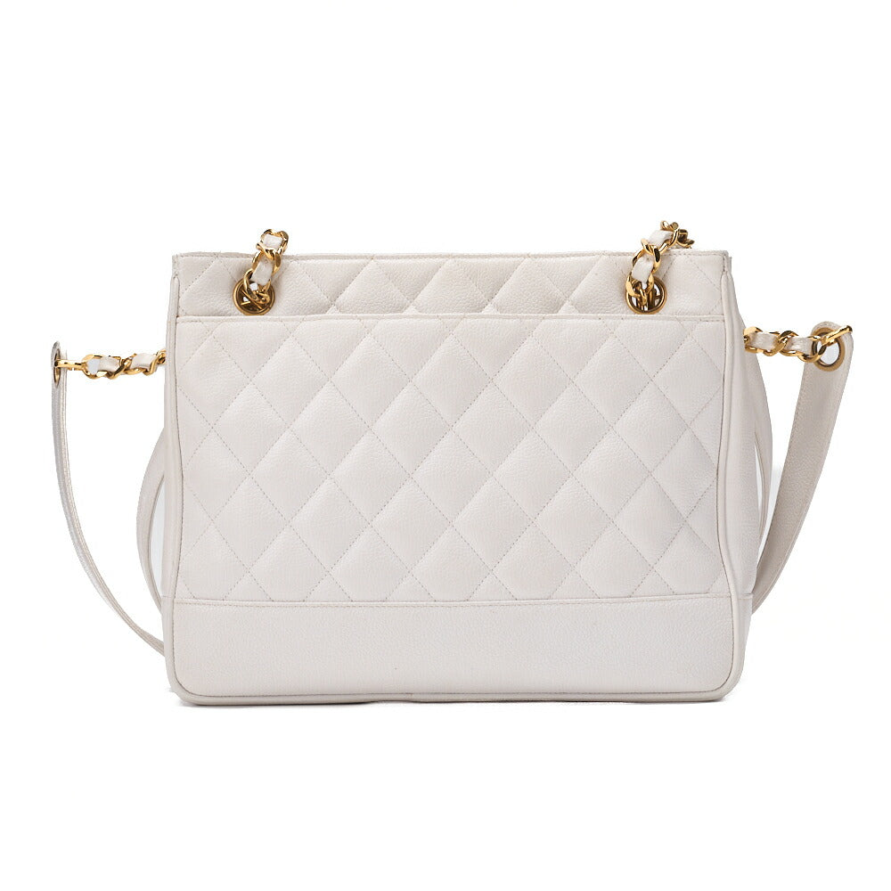 CHANEL Chain Shoulder Bag Matelassé Ball Charm Caviar Skin White Gold-Tone Hardware, Pre-Owned