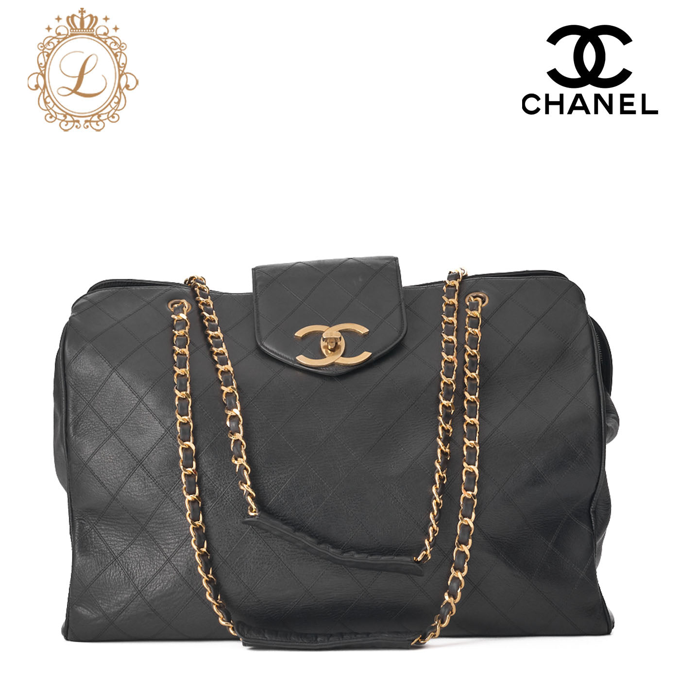 CHANEL Shoulder Bag Supermodel Coco Mark Big Coco Double Chain Shoulder Lambskin Black Gold-Tone Hardware, Pre-Owned