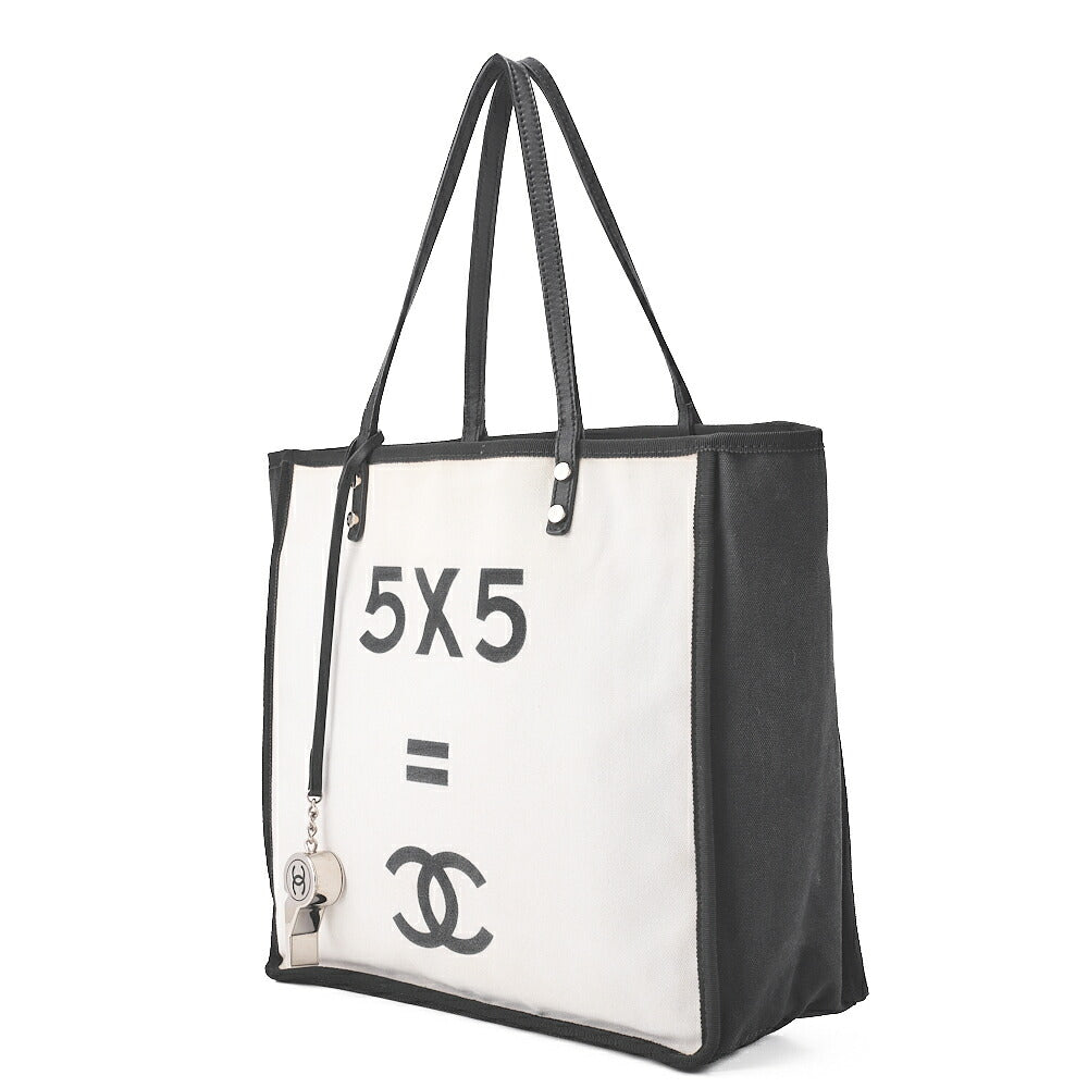 CHANEL Tote Bag Coco Mark Canvas with Whistle Charm White x Black Silver-Tone Hardware, Pre-Owned
