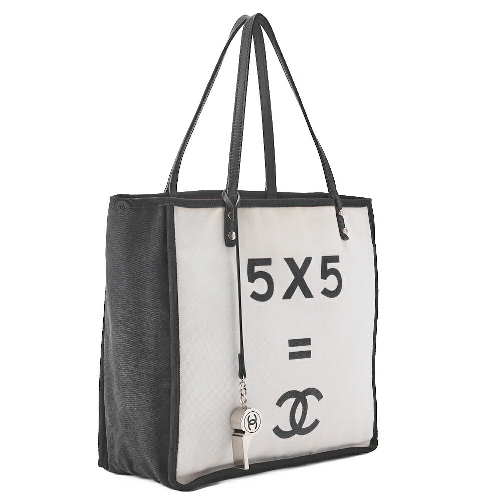 CHANEL Tote Bag Coco Mark Canvas with Whistle Charm White x Black Silver-Tone Hardware, Pre-Owned