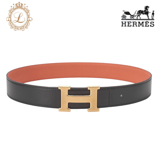 HERMES Stolier H Buckle Box Calf x Togo Belt Black x Orange Gold-Tone Hardware, Pre-Owned