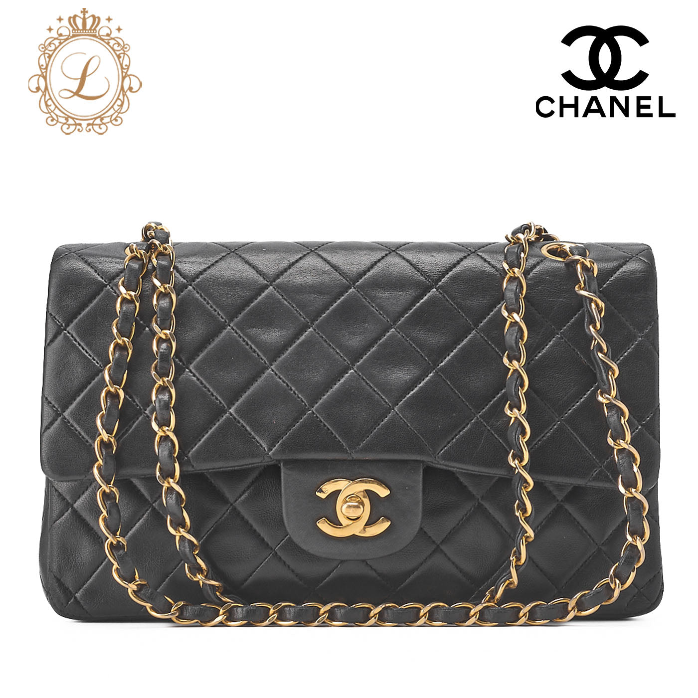 CHANEL Shoulder Bag Matelassé Double Flap 25cm Chain Shoulder Lambskin Black Gold-Tone Hardware, Pre-Owned