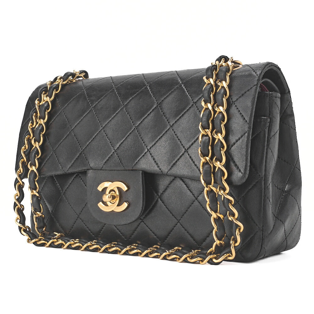 CHANEL Chain Shoulder Bag Matelassé Double Flap 23cm Lambskin Black Gold-Tone Hardware, Pre-Owned