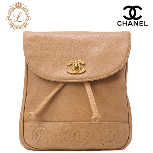CHANEL Backpack Caviar Skin Triple Coco Turnlock Beige Gold-Tone Hardware, Pre-Owned