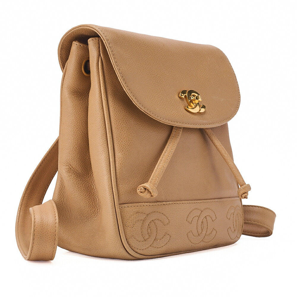 CHANEL Backpack Caviar Skin Triple Coco Turnlock Beige Gold-Tone Hardware, Pre-Owned