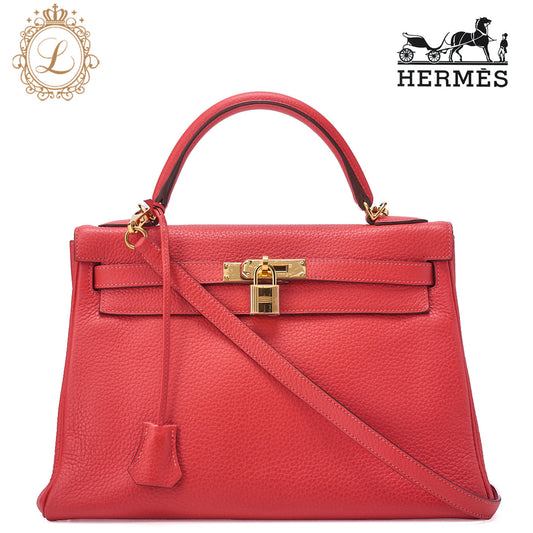 HERMES Kelly 32 Handbag Inseam Tryon Clemence Rouge Viff Gold-Tone Hardware, Pre-Owned