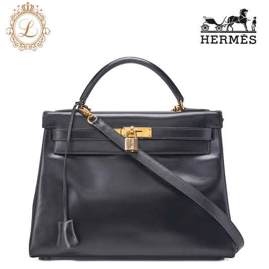 HERMES Kelly 32 Handbag Inseam Box Calf Black Gold-Tone Hardware, Pre-Owned