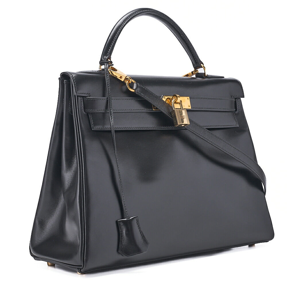 HERMES Kelly 32 Handbag Inseam Box Calf Black Gold-Tone Hardware, Pre-Owned