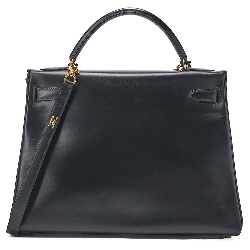 HERMES Kelly 32 Handbag Inseam Box Calf Black Gold-Tone Hardware, Pre-Owned