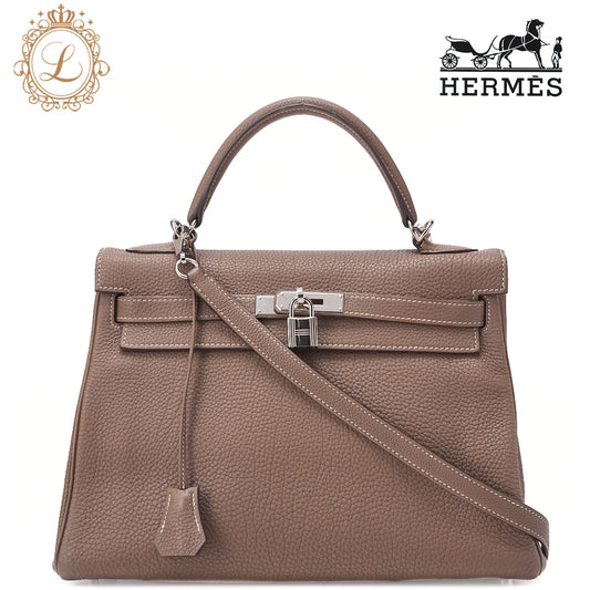 HERMES Kelly 32 Handbag Inseam Tryon Clemence Etoup Silver-Tone Hardware, Pre-Owned