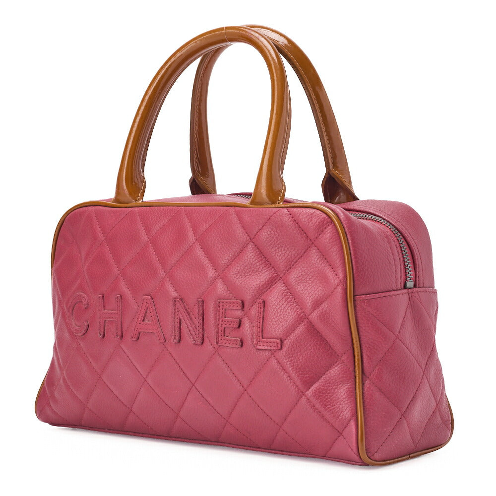 CHANEL Handbag Boston Bag Caviar Skin x Enamel Matelassé Coco Mark Rose Pink x Beige Silver-Tone Hardware, Pre-Owned