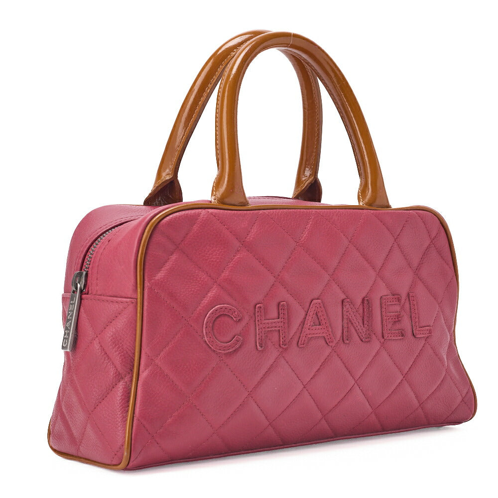 CHANEL Handbag Boston Bag Caviar Skin x Enamel Matelassé Coco Mark Rose Pink x Beige Silver-Tone Hardware, Pre-Owned