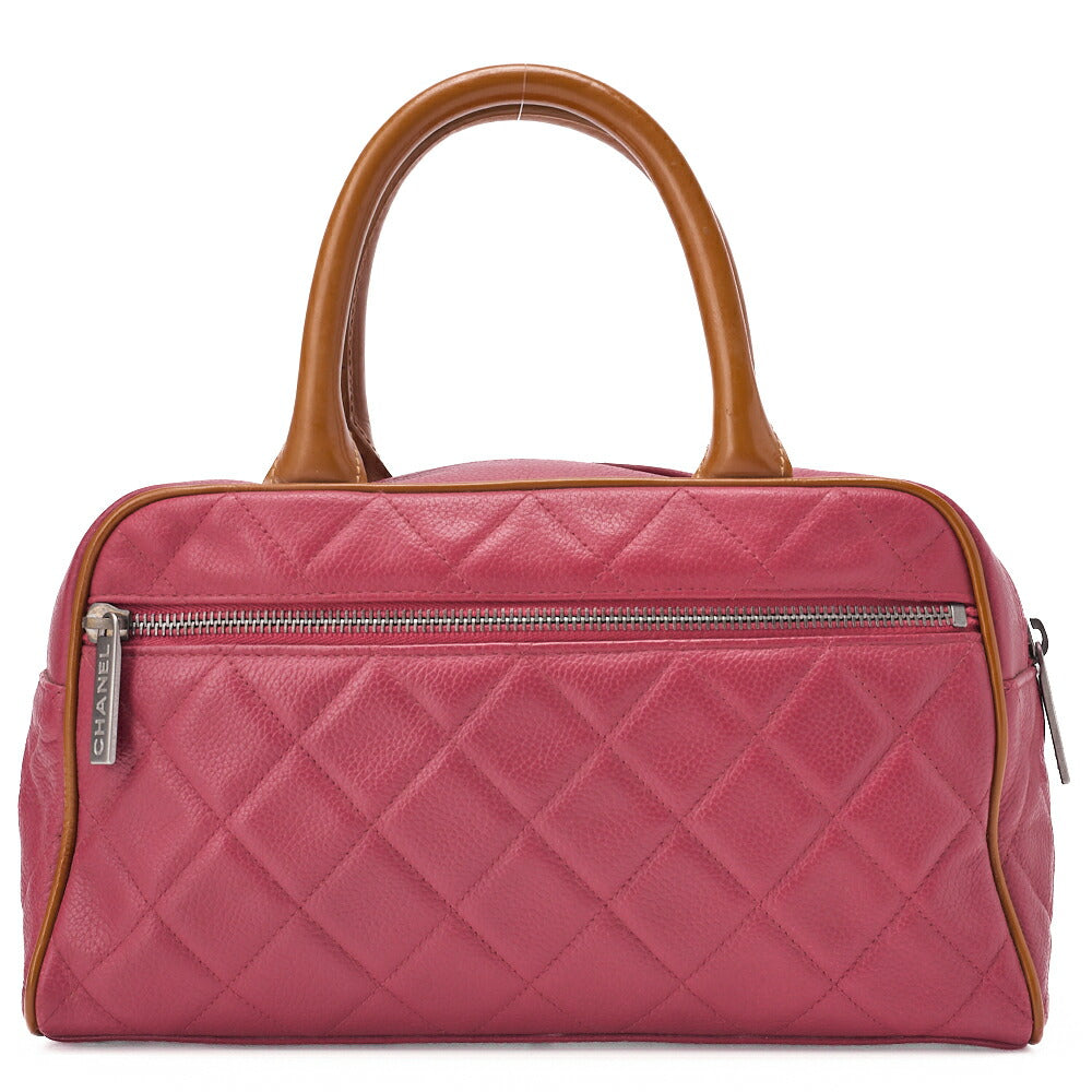 CHANEL Handbag Boston Bag Caviar Skin x Enamel Matelassé Coco Mark Rose Pink x Beige Silver-Tone Hardware, Pre-Owned