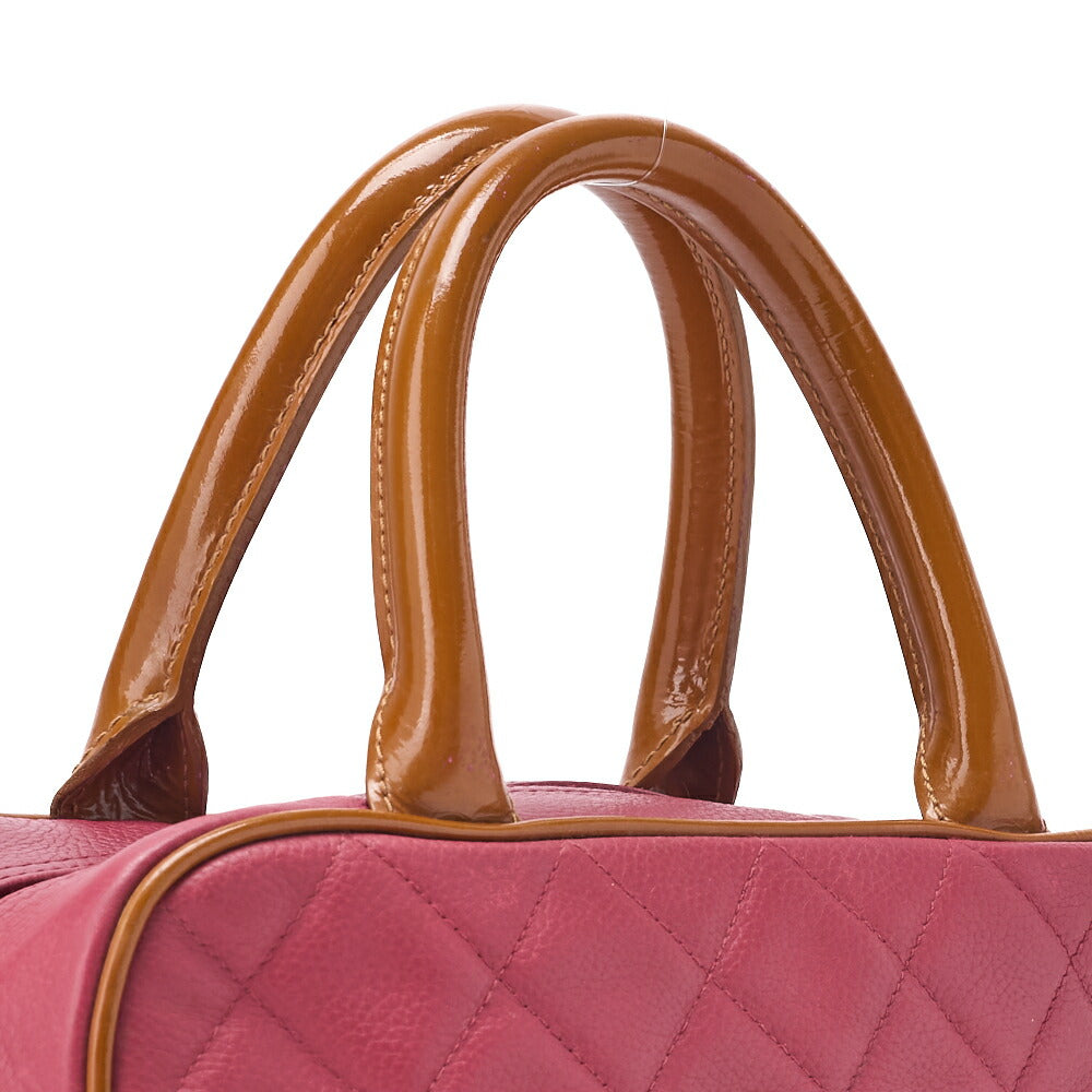 CHANEL Handbag Boston Bag Caviar Skin x Enamel Matelassé Coco Mark Rose Pink x Beige Silver-Tone Hardware, Pre-Owned