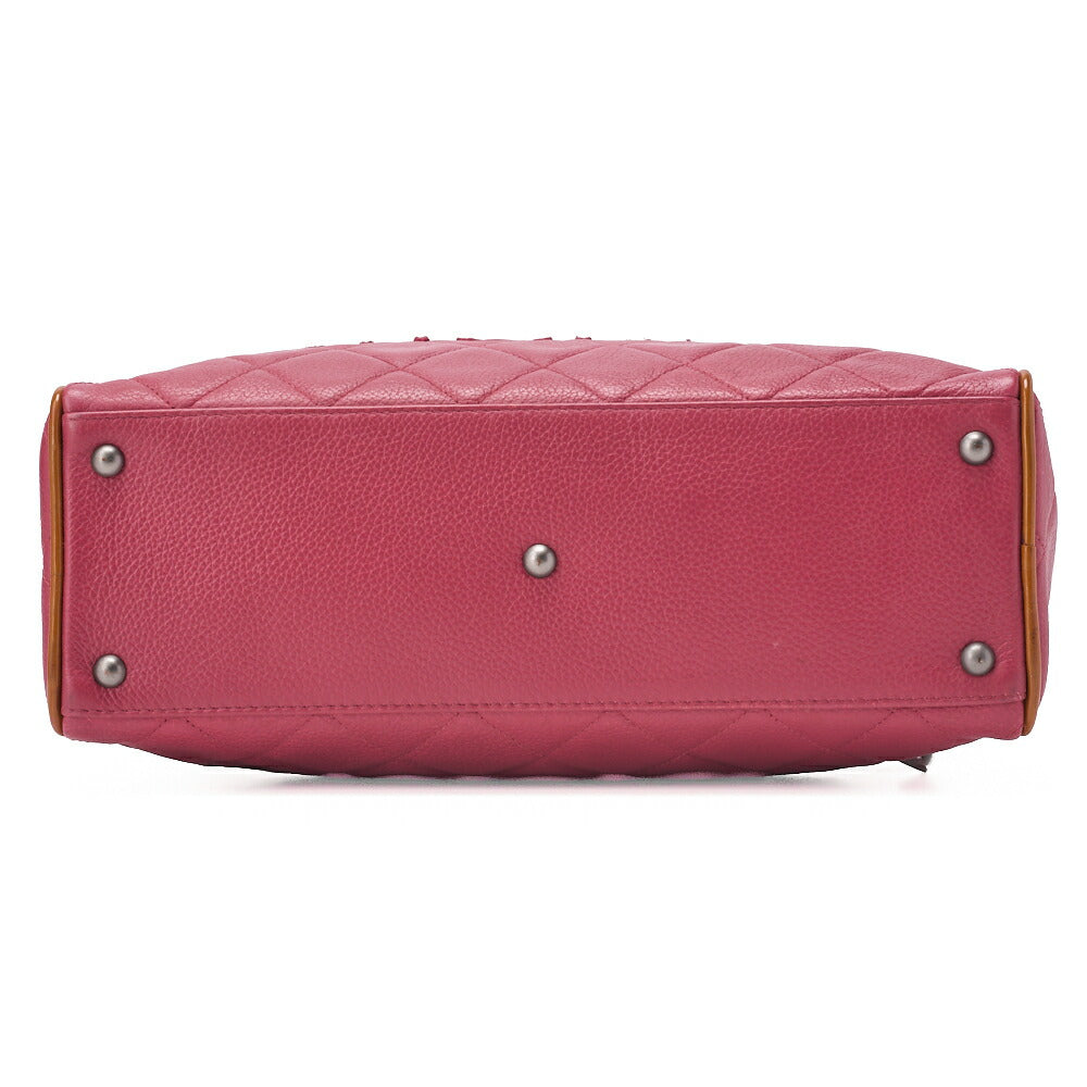 CHANEL Handbag Boston Bag Caviar Skin x Enamel Matelassé Coco Mark Rose Pink x Beige Silver-Tone Hardware, Pre-Owned