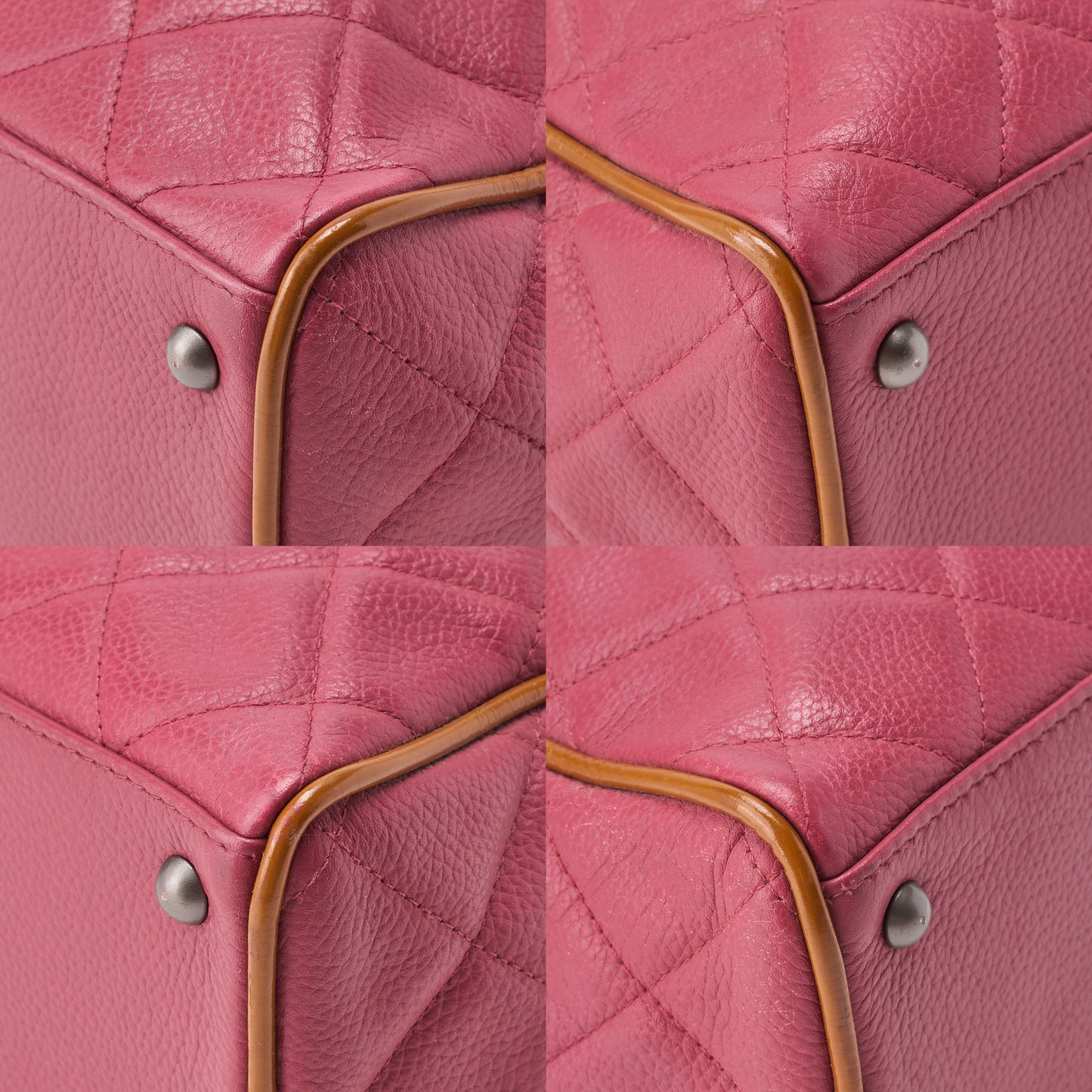 CHANEL Handbag Boston Bag Caviar Skin x Enamel Matelassé Coco Mark Rose Pink x Beige Silver-Tone Hardware, Pre-Owned