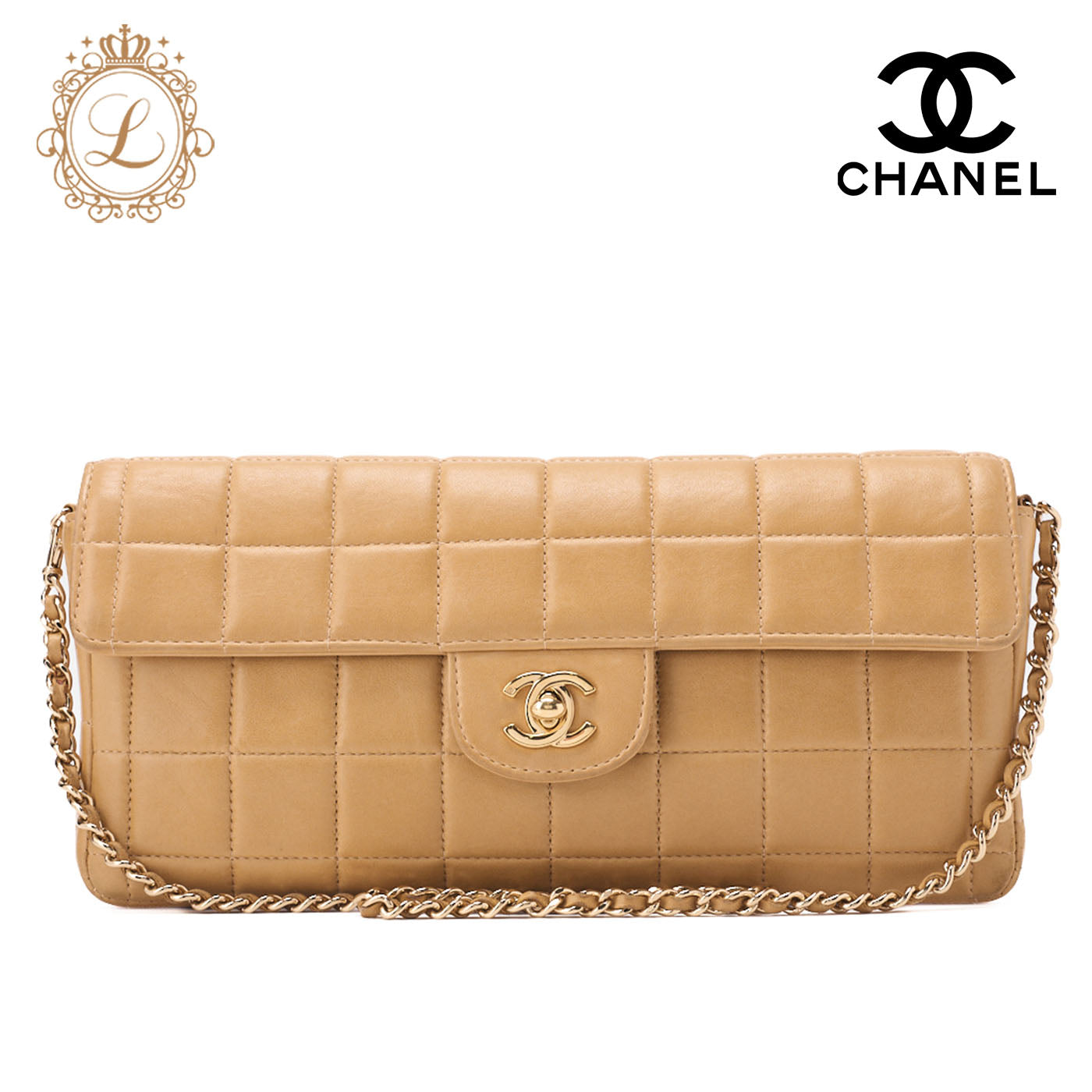 CHANEL Chocolate Bar Turnlock Chain Shoulder Lambskin Beige Gold-Tone Hardware, Pre-Owned