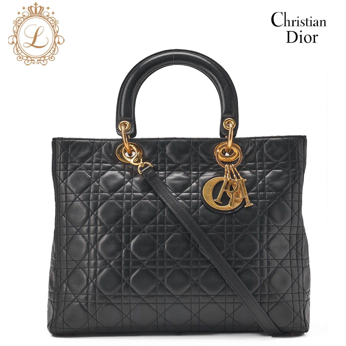 Dior Lady Dior Canage Handbag 2way Lambskin Black Large Size Gold-Tone Hardware, Pre-Owned