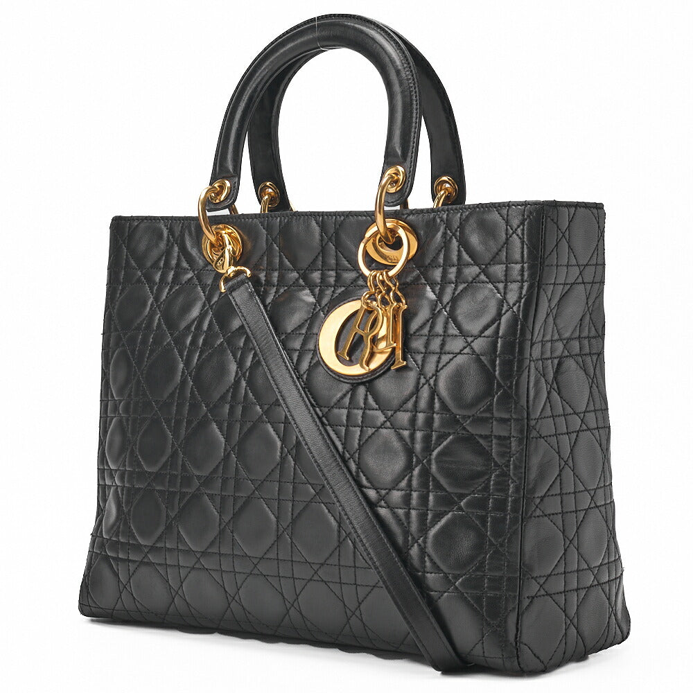 Dior Lady Dior Canage Handbag 2way Lambskin Black Large Size Gold-Tone Hardware, Pre-Owned