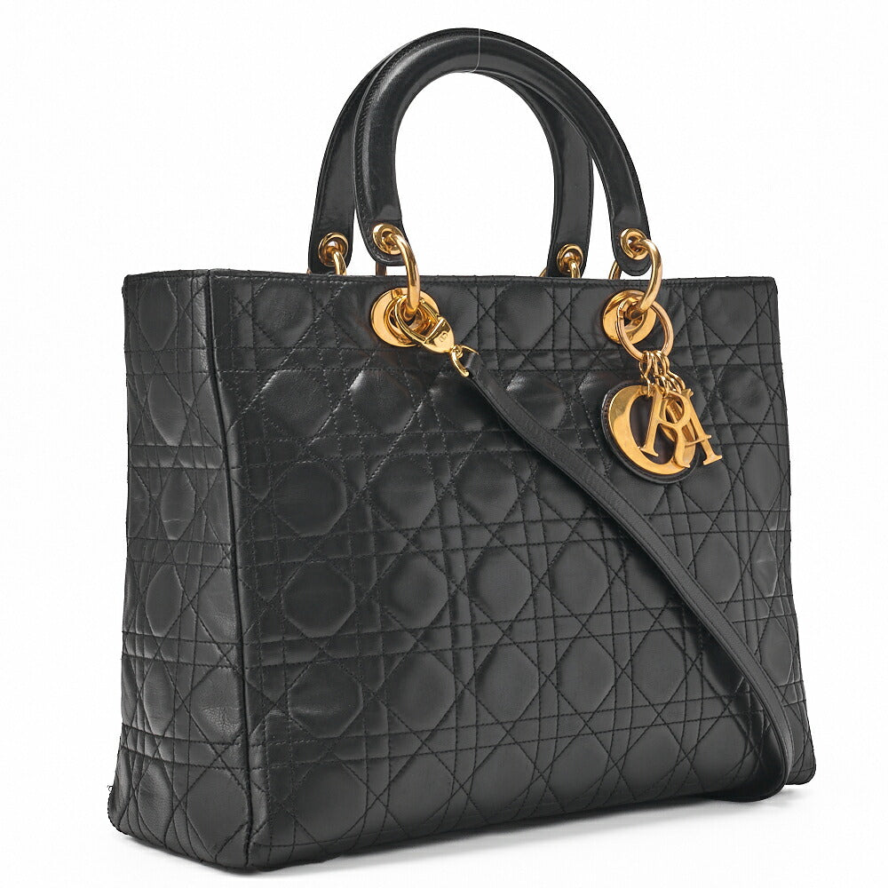 Dior Lady Dior Canage Handbag 2way Lambskin Black Large Size Gold-Tone Hardware, Pre-Owned