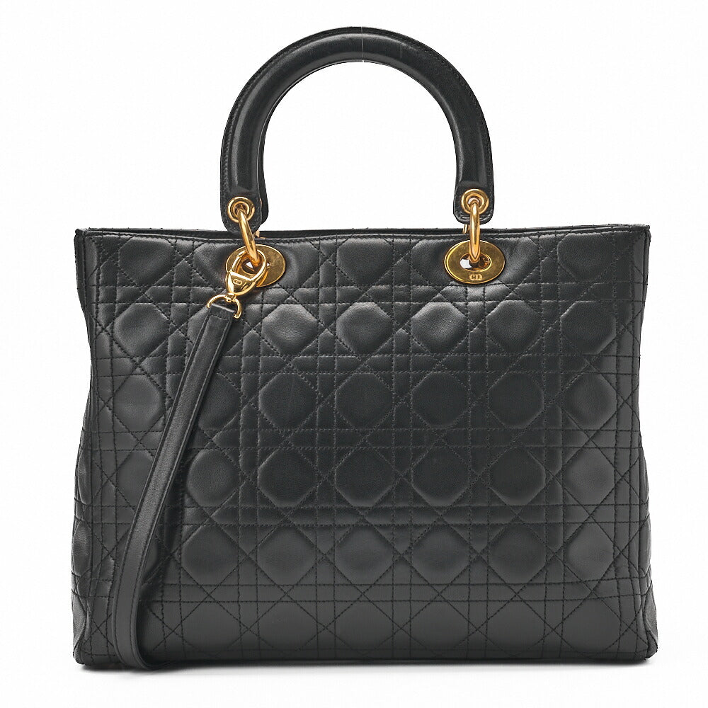Dior Lady Dior Canage Handbag 2way Lambskin Black Large Size Gold-Tone Hardware, Pre-Owned