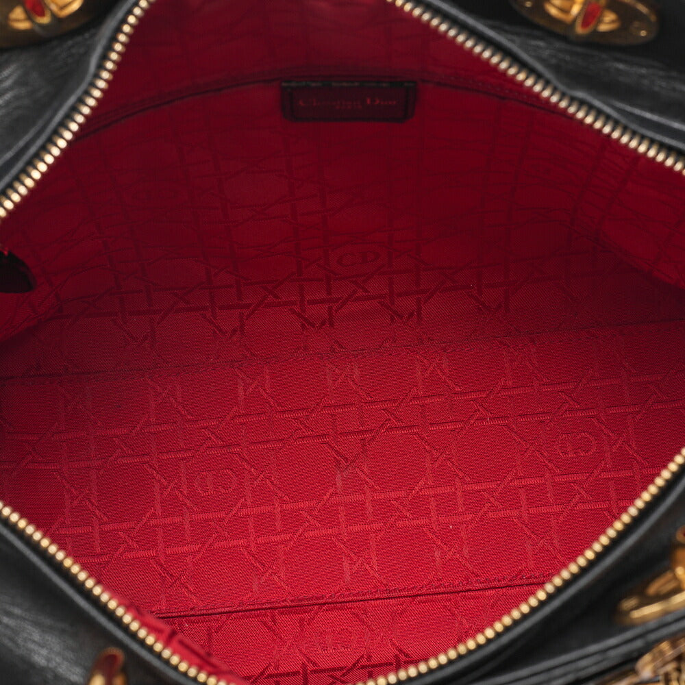 Dior Lady Dior Canage Handbag 2way Lambskin Black Large Size Gold-Tone Hardware, Pre-Owned
