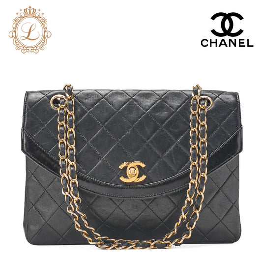 CHANEL Chain Shoulder Bag Matelassé Design Flap Lambskin Black Gold-Tone Hardware, Pre-Owned