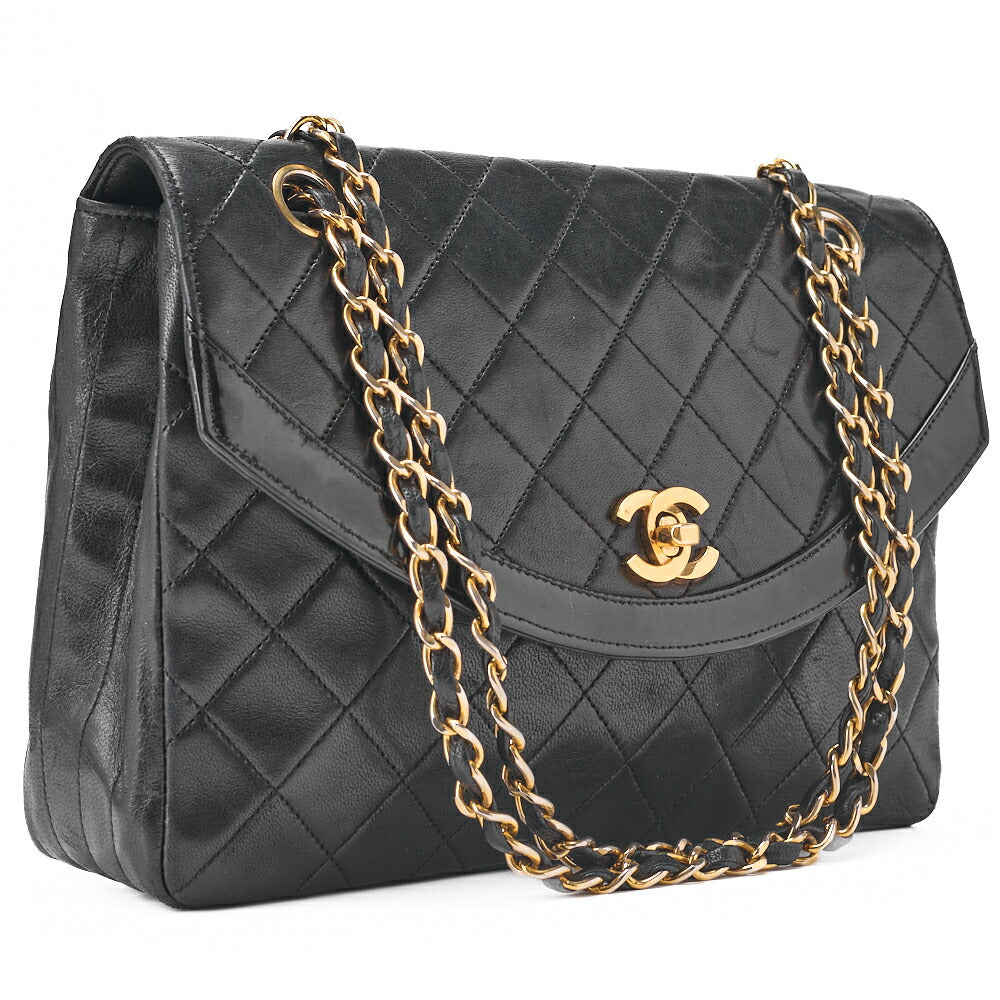 CHANEL Chain Shoulder Bag Matelassé Design Flap Lambskin Black Gold-Tone Hardware, Pre-Owned