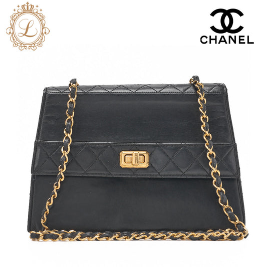 CHANEL Chain Shoulder Bag Matelassé 2.55 Turnlock Black Lambskin Gold-Tone Hardware, Pre-Owned