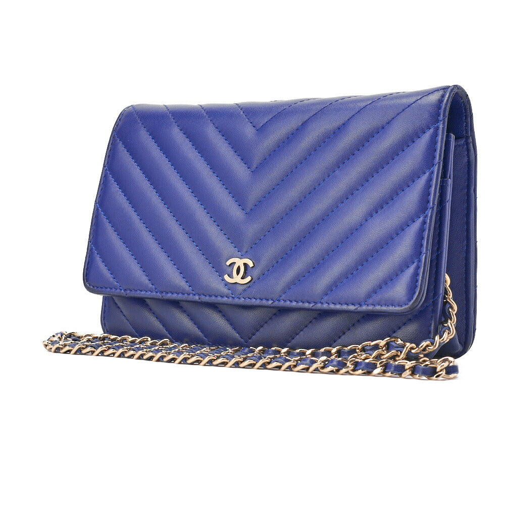 CHANEL Chain Wallet Matelassé V-Stitch Lambskin Navy Gold-Tone Hardware, Pre-Owned