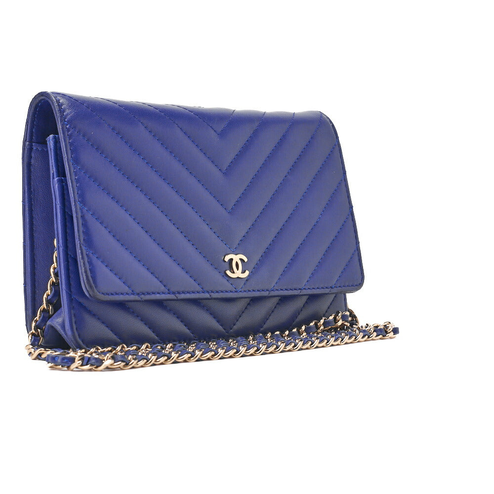 CHANEL Chain Wallet Matelassé V-Stitch Lambskin Navy Gold-Tone Hardware, Pre-Owned