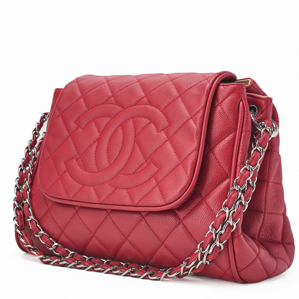CHANEL Matelassé Coco Mark Chain Shoulder Bag Caviar Skin Red Silver-Tone Hardware, Pre-Owned