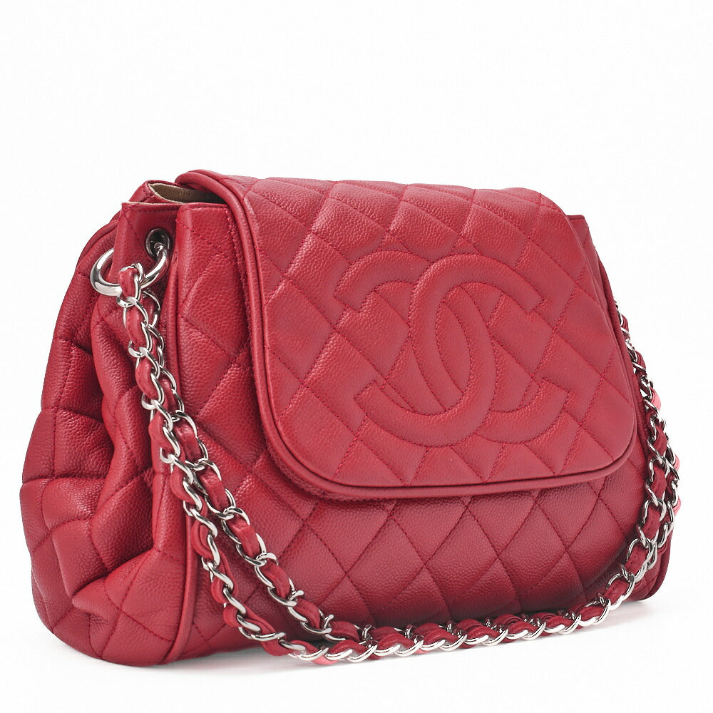 CHANEL Matelassé Coco Mark Chain Shoulder Bag Caviar Skin Red Silver-Tone Hardware, Pre-Owned